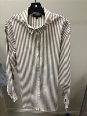 Lafayette 148 New York Cream and Tan Striped Button-Down Shirt